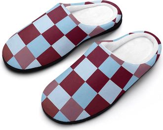 Generic Brown And Blue Checkered Mens House Slippers Memory Foam Washable Cotton Slip on Home Shoes