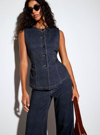 Icone Womens Cinched-waist terry-sided faux-denim vest