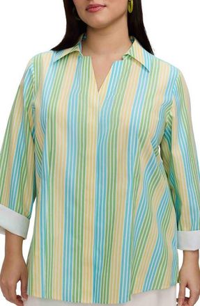 Foxcroft Taylor Stripe Cotton Button-Up Shirt in Green/Multi at Nordstrom, Size 18W