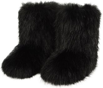 Generic Womens Faux Fox Fur Snow Boots Plush Lined Mid Cuff Winter Ankle Booties Non-Slip Slip On Fashion Shoes For Cold Weather(Black,7.5 UK)