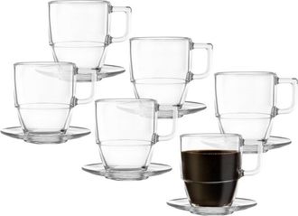 Barski Stackable Coffee Mugs 2.6Oz, With Saucer Set Of 6