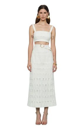 AMUR Jay Textured Twill Midi Skirt in Sea Salt at Nordstrom, Size 10