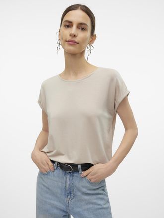 Vero Moda Rundhalsshirt VERO MODA VMAVA PLAIN SS TOP GAJRS NOOS, Damen, Gr. XS (34), beige (silber lining), Jersey, Obermaterial: 95% Lyocell, 5% Elasthan, unif