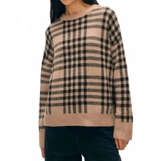 White + Warren Cashmere Plaid Crewneck Sweater In True Camel/black
