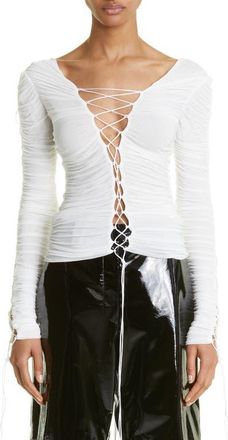 Interior The Kit Sheer Lace-Up Top in Cream at Nordstrom, Size Medium