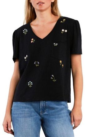 BILLY T Wild Meadow Embroidered Puff Sleeve Cotton T-Shirt in Black Beauty at Nordstrom, Size X-Large