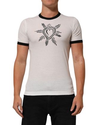 Dolce & Gabbana White Sacred Heart Cotton Crew Neck Mens T-shirt
