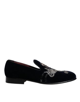 Dolce & Gabbana Black Velvet Floral Gun Loafers Dress Mens Shoes