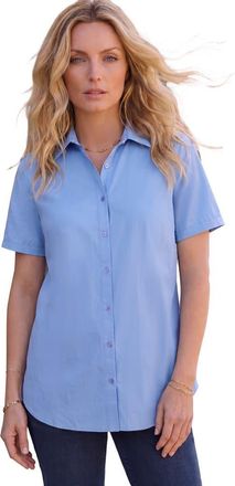 Roaman's Plus Size Kate Short Sleeve Easy Cotton Blend Button Front Shirt in French Blue at Nordstrom, Size 32