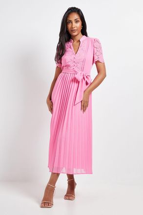 Wallis Womens Petite Lace Collarless Pleated Midi Dress - Pink Polyamide - Size 10 UK