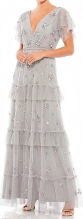 Mac Duggal Embellished Tiered Gown In Platinum Grey