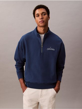 Calvin Klein Jeans Calvin Klein Mens Embroidered Logo French Terry Quarter Zip Sweatshirt - Navy - 2XL