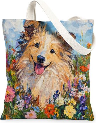 Generic Spring Shetland Sheepdog Dog Canvas Tote Bag for Shopping 13x15, Oil Painting Wildflower Puppy Reusable Grocery Print Pattern Bag for Women, Fun Pet B