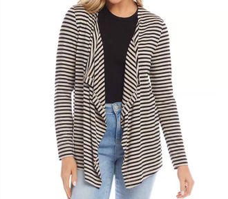 Karen Kane Sidra Stripe Drape Front Cardigan In Black And Oatmeal