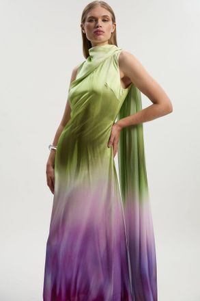 Karen Millen Womens Ombre Satin Drape Georgette Cape Detail Midi Dress - Multicolour - Size 10 UK