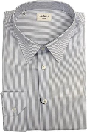 Saint Laurent Gestreepte Button-Up Shirt - Heren - Zakelijke Overhemden - Blauw - 2XL - Katoen - Overhemden
