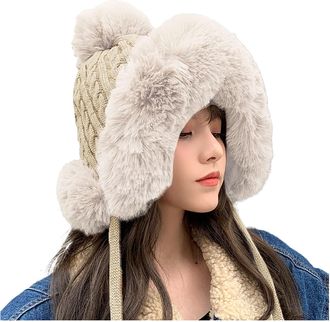Generic Girls Wooly Hat Sleeping Hat Caps for Women Blue Cute Pullover Hat with Wool Thickening Hairball Solid Color Wool Knit Ear Hat Women Kniited Hat Winte