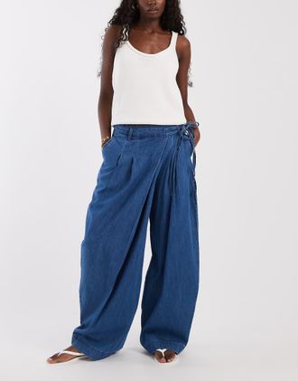Asos Pantaloni di jeans morbidi a fondo ampio con vita avvolgente-Blu