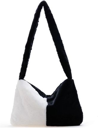 Generic Womens Plush Bags Women Plush Flower Pattern Shoulder Bags Elegant Female Underarm Fur Handbag Furry Fluffy Tote Design(Black and White J)
