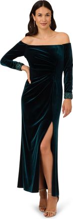 Adrianna Papell Womens Velvet Off The Shoulder Gown - Green - Size 16 UK