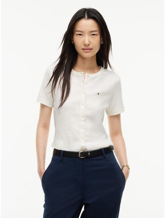 Tommy Hilfiger Womens Button-Front Favorite T-Shirt - Ivory Silk - XXL