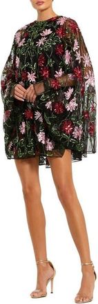Mac Duggal Floral Beaded Mesh Shawl Mini Dress in Black Multi at Nordstrom, Size 14