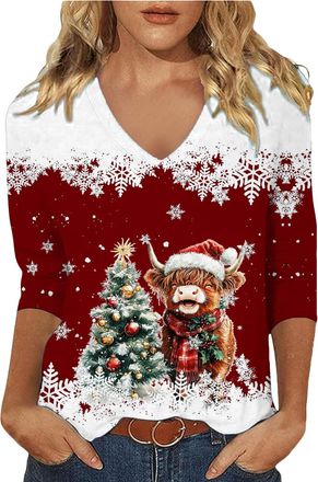 Generic Highland Cow Shirts 3/4 Length Sleeve Funny Highland Cow Tops for Women Cute Cow Shirts for Women V Neck Christmas T Shirt Highland Cow Gifts