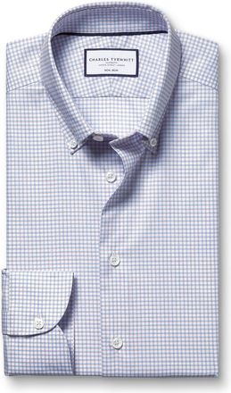 CHARLES TYRWHITT Button-Down Non-Iron Oxford Checkered Cotton Formal Shirt - Blue & Red Single Cuff Size 18/35 by Charles Tyrwhitt