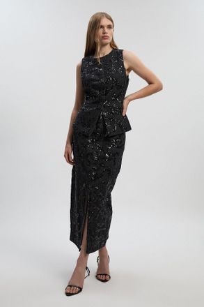 Karen Millen Womens Sequin Denim Pencil Skirt - Black Cotton - Size 16 UK