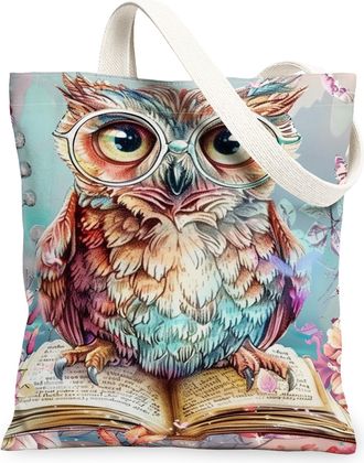Generic Owl Canvas Tote Bags, Colorful Bird Design Reusable Grocery Bags, Vintage Lightweight Washable Shoulder Strap Canvas for Tr, Colorful, 13x15 Inch