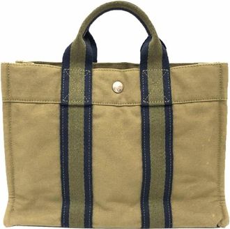 Herm&egrave;s Khaki Cotton Canvas Tote Bag (Pre-Owned)