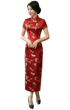 ACVIP Butterfly Brocade Short Sleeve Long Chinese Dress Cheongsam for Women (UK 10-Tag XL, Red)