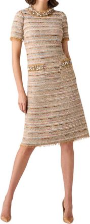 Teri Jon Boucle Fringe Trim Daytime Dress In Beige Multi