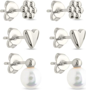Sterling Forever Sterling Silver Irene Pearl, Flower, & Heart Stud Earring Set of 3