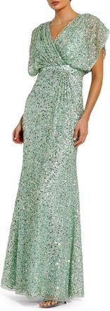 Mac Duggal Draped Sleeve V Neck Gown in Seafoam at Nordstrom, Size 14
