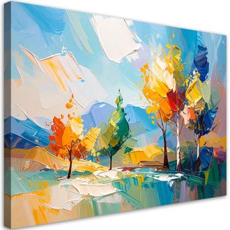 Artgeist Artgeist - Quadro Su Tela, Paesaggio Colorato Alberi Bosco Imitazione Pittura Ad Olio - 90x60