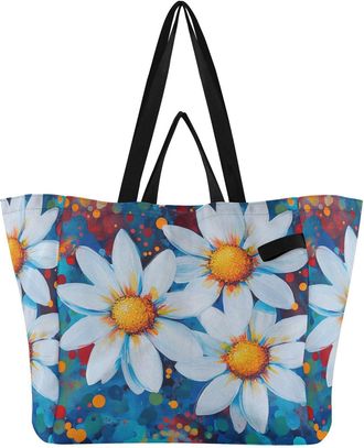 Generic Flowers White print Reusable Canvas Tote Bag, Heavy Duty Grocery Shopping Bag with Double Handles Hard Bottom Large Capacity Work Groceries Travel