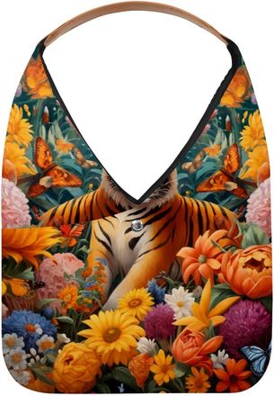 Generic Tiger Among Sunflower Butterfly Reusable Lightweight Grocery Bags - Foldable Into Compact Pouch, Washable & Sturdy, Multipurpose for Shopping and Trav