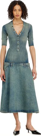 Diesel Drop-waist midi dress in knit and denim - Dresses - Woman - Blue