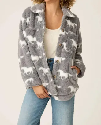 PJ Salvage Lets Get Cozy Plush Horse Print Jacket In Gray