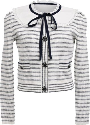 Self Portrait Ribbed-Knit Metallic Striped Cardigan in White Cotton