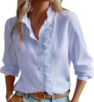 Generic Blouse Womens Elegant Ruffle Trim with Button Placket, Long Sleeve Blouse Top, Stand-Up Collar Work Shirt for Festive Blouses Women for Wedding, blue,