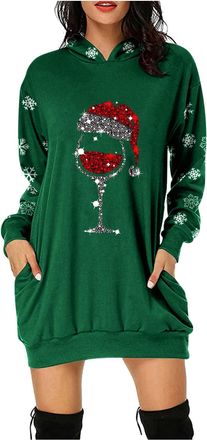 Generic Christmas Sweatshirt Dress for Women uk Long Oversized Crew Neck Sweatshirts long Sleeves Wine Glass Graphic Jumpers Funny Cute christmas Xmas Print C