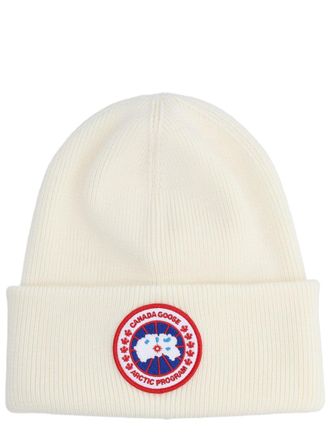 Canada Goose White Ribbed Knit Emblematic Cuff Beanie