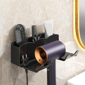 No Brand Soporte De Pared Multifuncional Sin Taladro, Apto Para Secador De Pelo Y Rizador - Color Crema, Con Compartimento De Almacenamiento Para Accesorios Y 