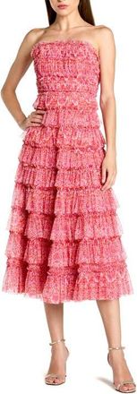 Mac Duggal Printed Mesh Ruffle Strapless Midi Dress in Pink Multi at Nordstrom, Size 10