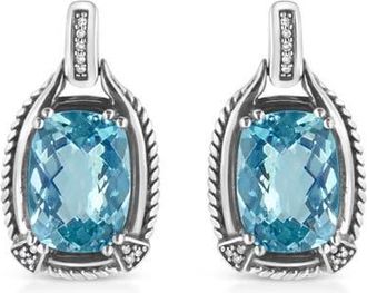 House of Brilliance Silver 14x10MM Cushion Blue Topaz Gemstone and Diamond Accent Dangle Earring in White at Nordstrom