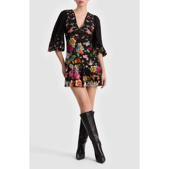 Alice & Olivia Irene Floral Long Sleeve Minidress in Solar Strength Black at Nordstrom, Size 14