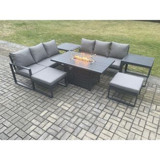 Fimous Aluminium Outdoor Lounge Sofa Garden Furniture Sets Gas Fire Pit Dining Table Set with 2 Big Footstools 2 Side Tables Dark Grey - Fimous