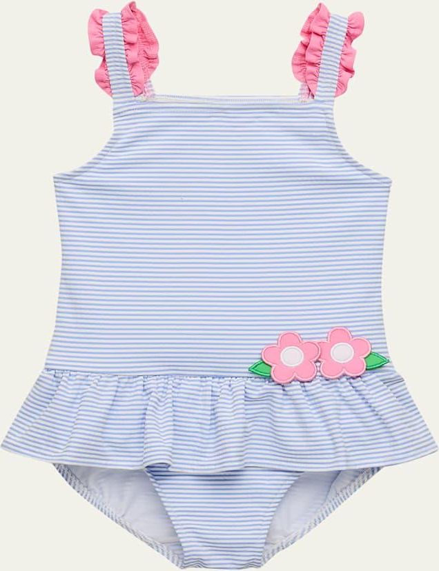 Girls Seersucker One-Piece Swimsuit with Flowers, Size 2T-6